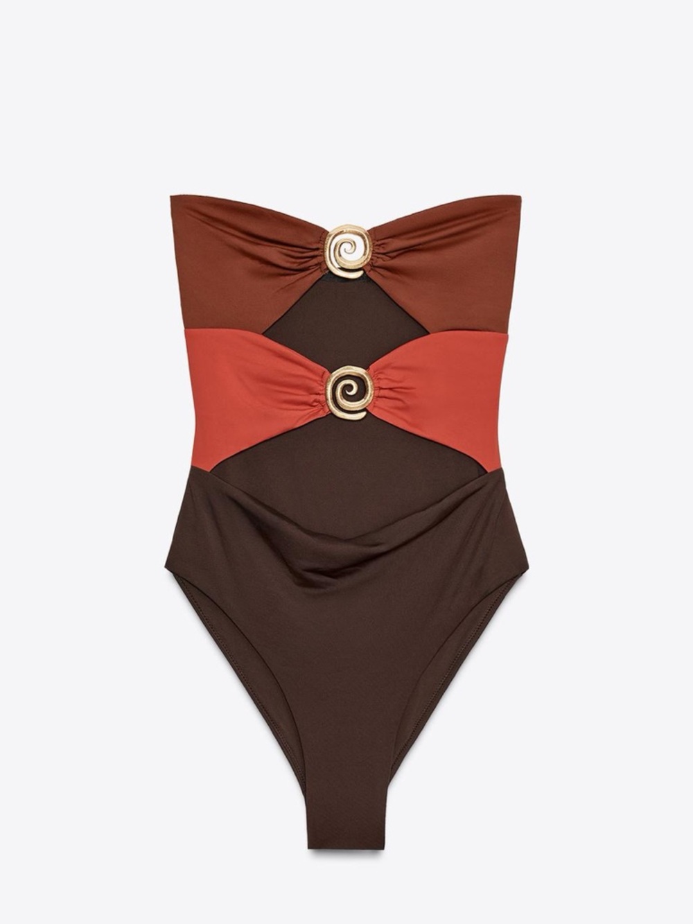 Zara Strapless Cutout One-Piece Swimsuit in Brown and Rust - Women Swim - Picture 6 of 7